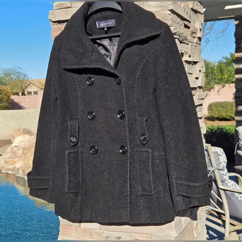 Anne Klien Sz M Womens Pea Coat Black Wool Nylon Double Breasted